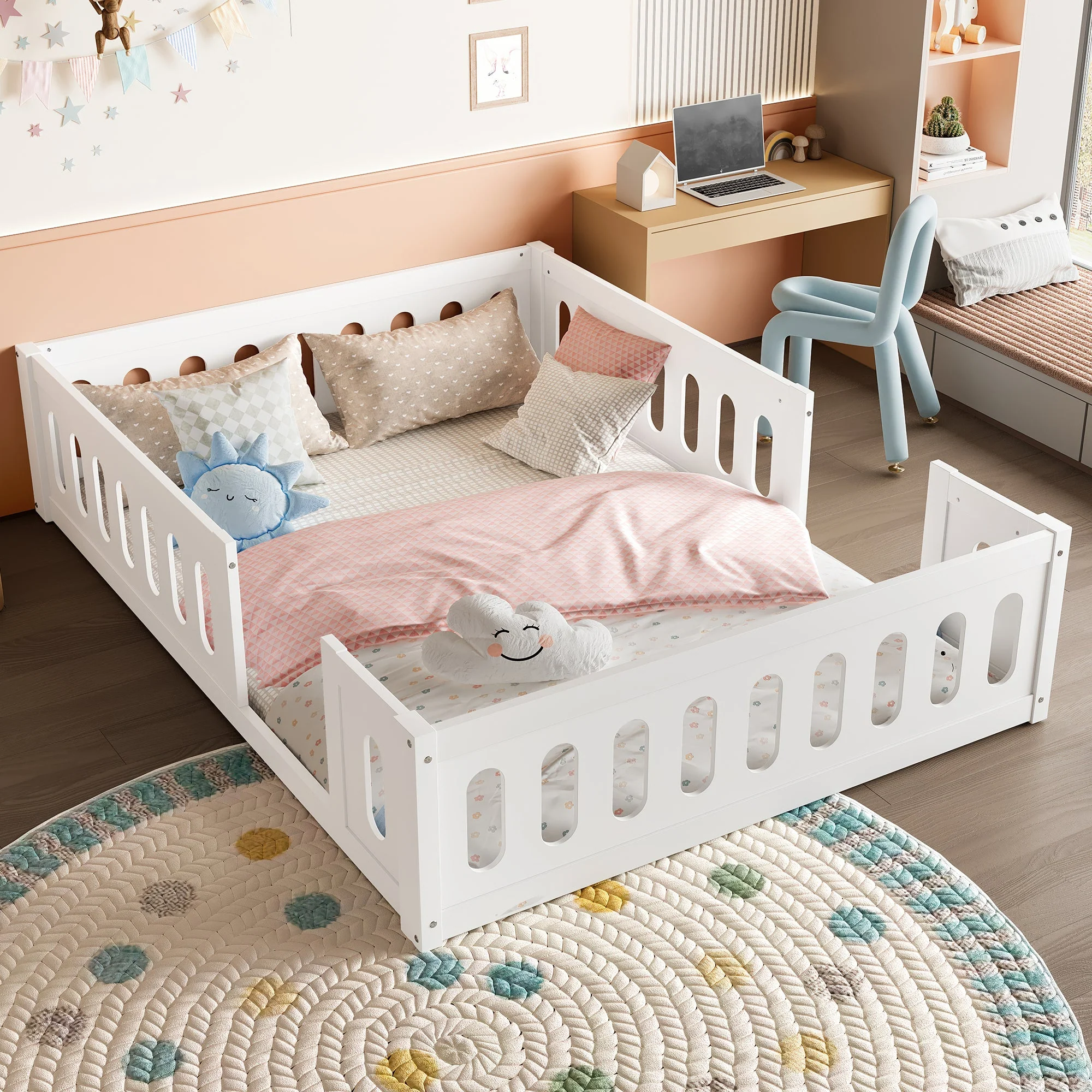 Wooden Platform Bed, 140x200 with Railing, White - Image 3