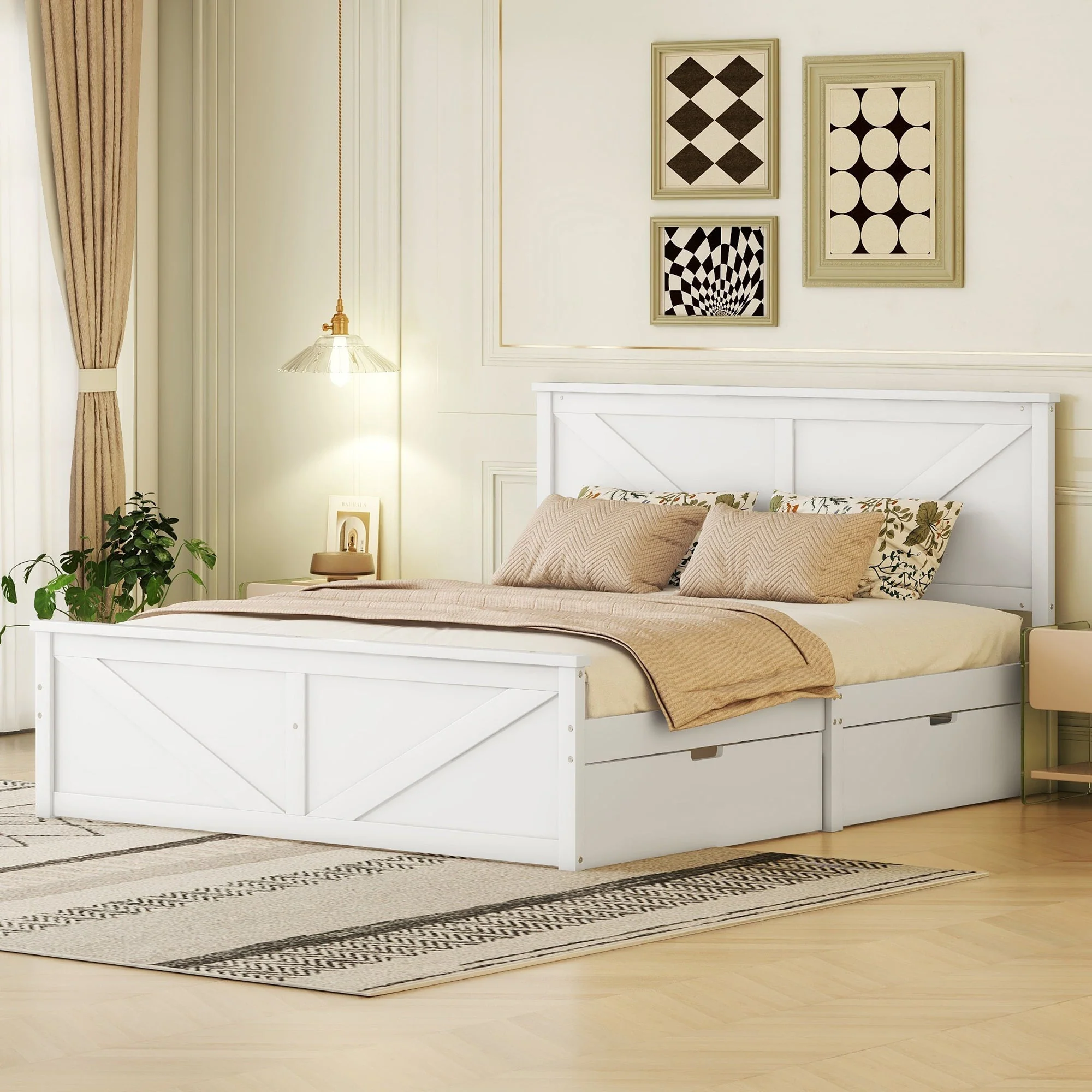 Wooden Platform Bed with 4 Storage Drawers, 160x200, White - Image 4