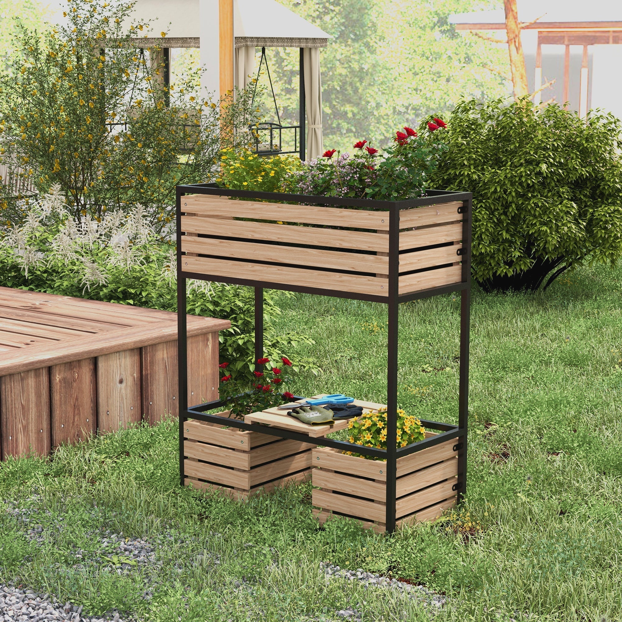 Wooden Raised Bed, 2-Tier Flower Box with Shelf 83x39x100 cm, Light Brown - Image 2