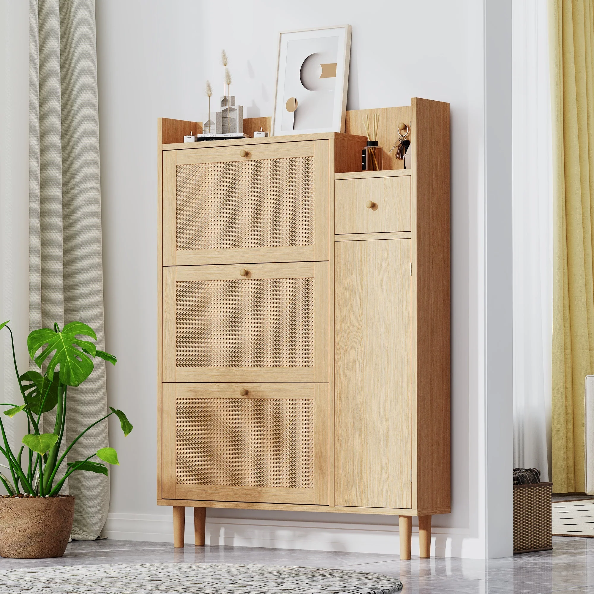 Wooden Shoe Cabinet, 3 Tilting Doors 1 Drawer Narrow Entryway, Rattan - Image 4