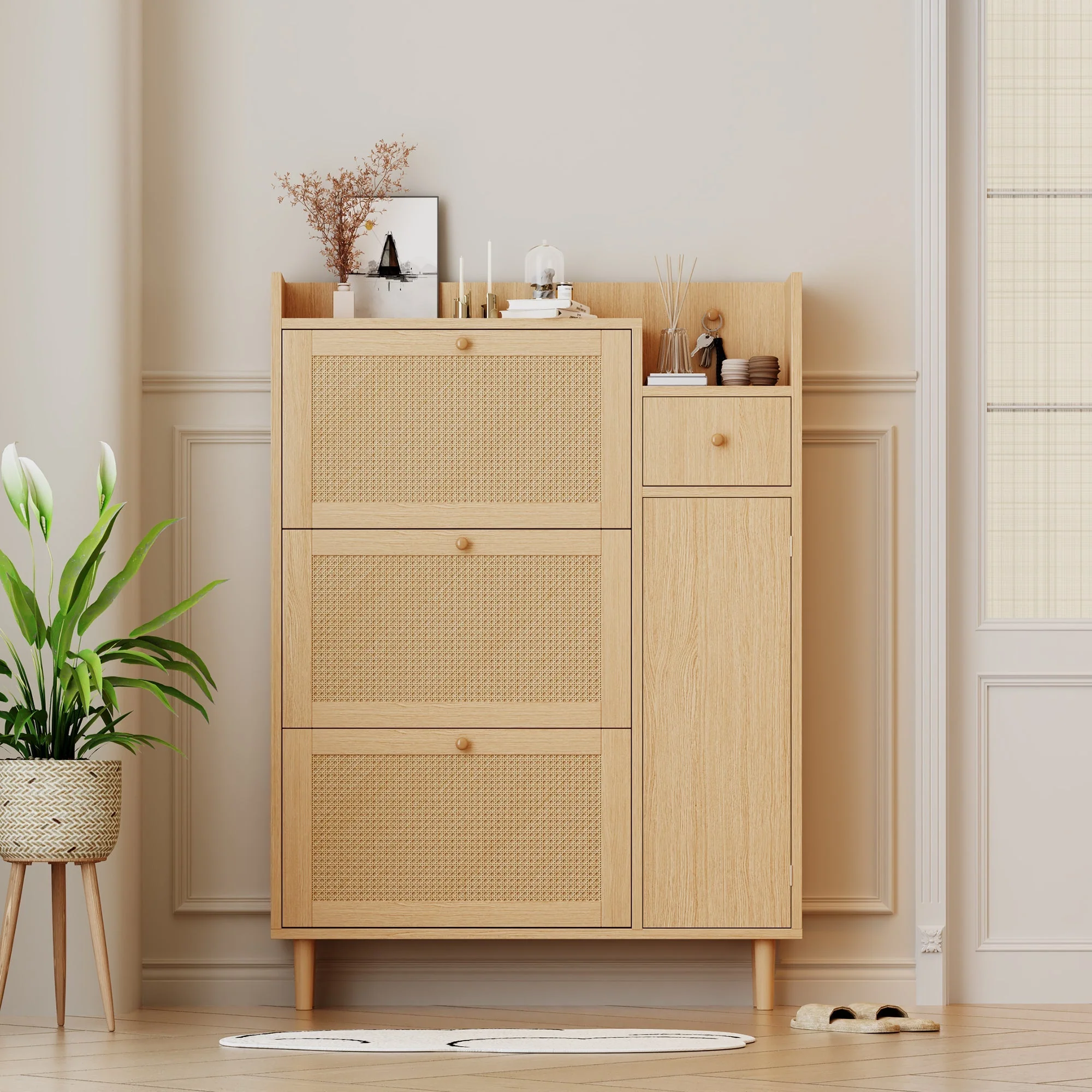 Wooden Shoe Cabinet, 3 Tilting Doors 1 Drawer Narrow Entryway, Rattan - Image 6