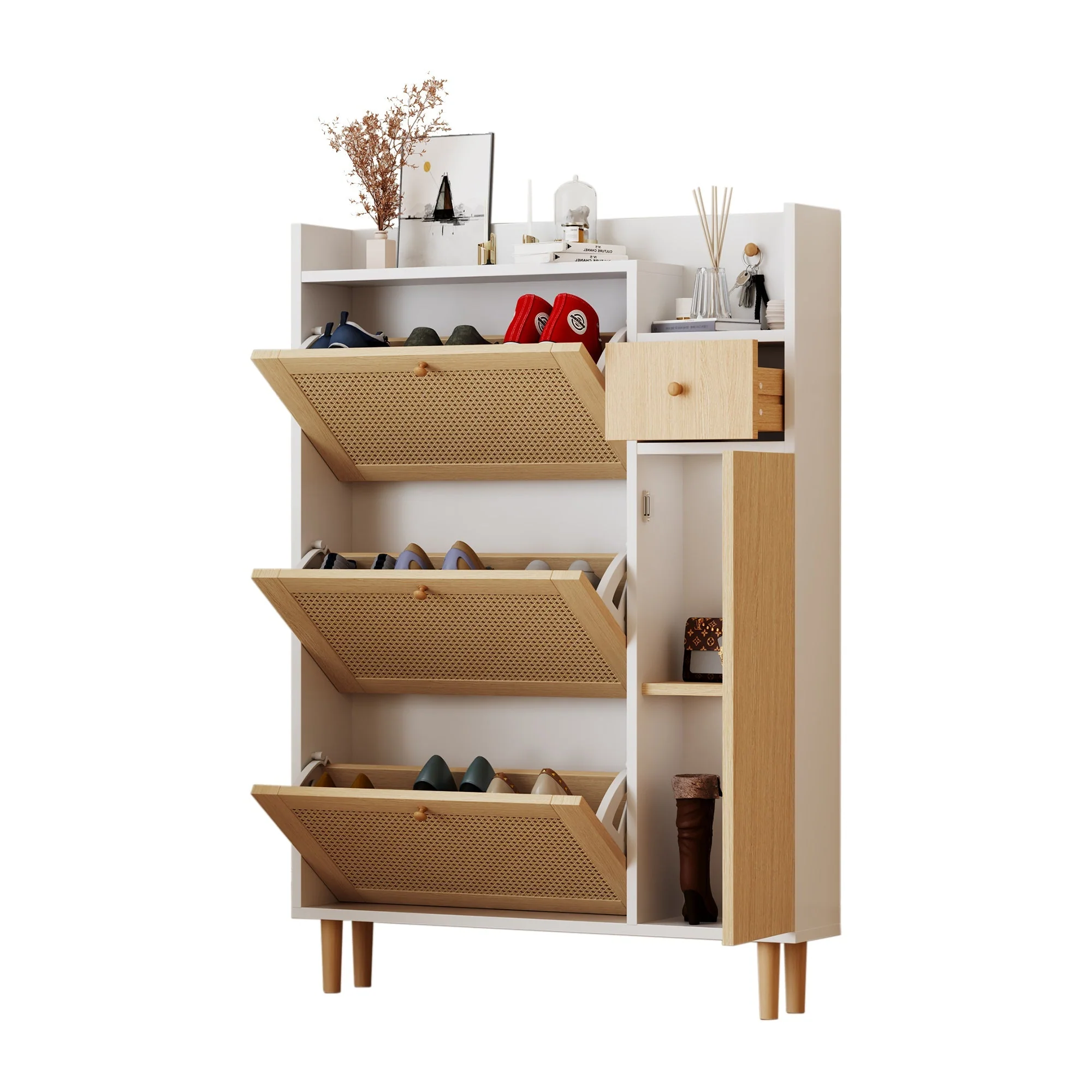 Wooden Shoe Cabinet, Narrow Entryway Storage 3 Tilting Doors 1 Drawer Solid Wood Rattan - Image 2