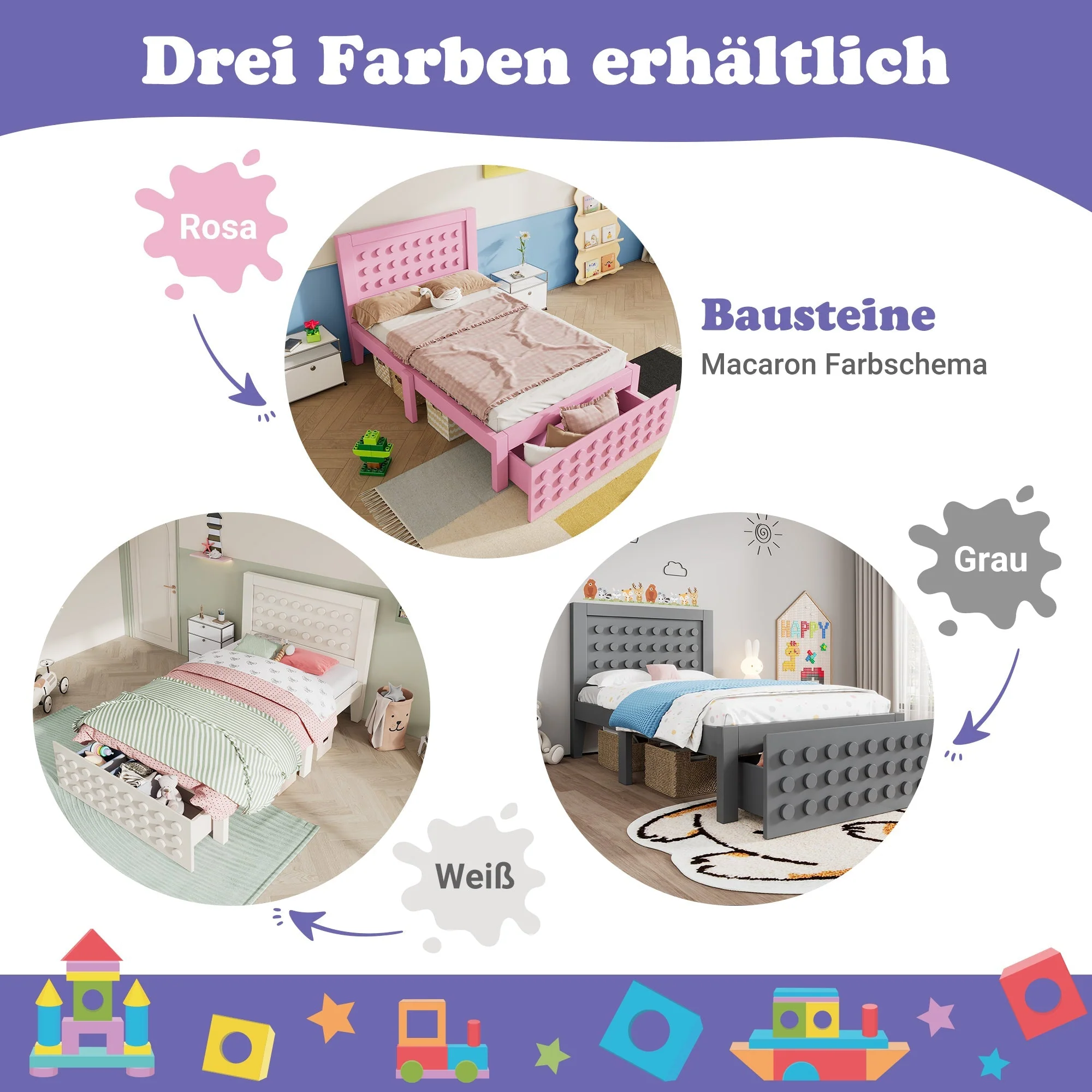 Wooden single bed 90x190cm children's bed with creative block design, solid wood frame with slatted frame, with drawers and underbed storage, white - Image 3