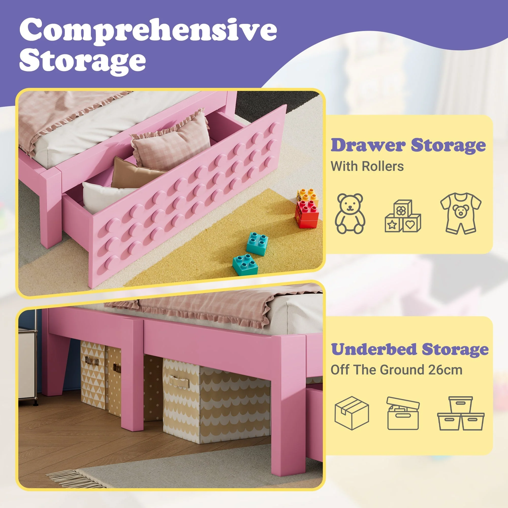 Wooden Single Bed 90x190cm Children's Creative Block Design with Drawers Pink - Image 12
