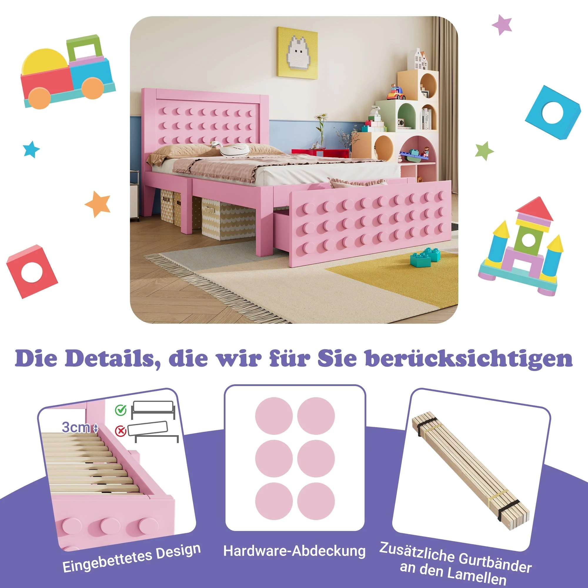 Wooden Single Bed 90x190cm Children's Creative Block Design with Drawers Pink - Image 4