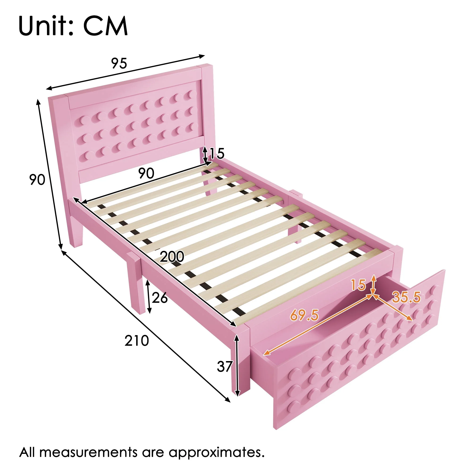 Wooden Single Bed, 90x200 cm with Drawers, Pink - Image 2