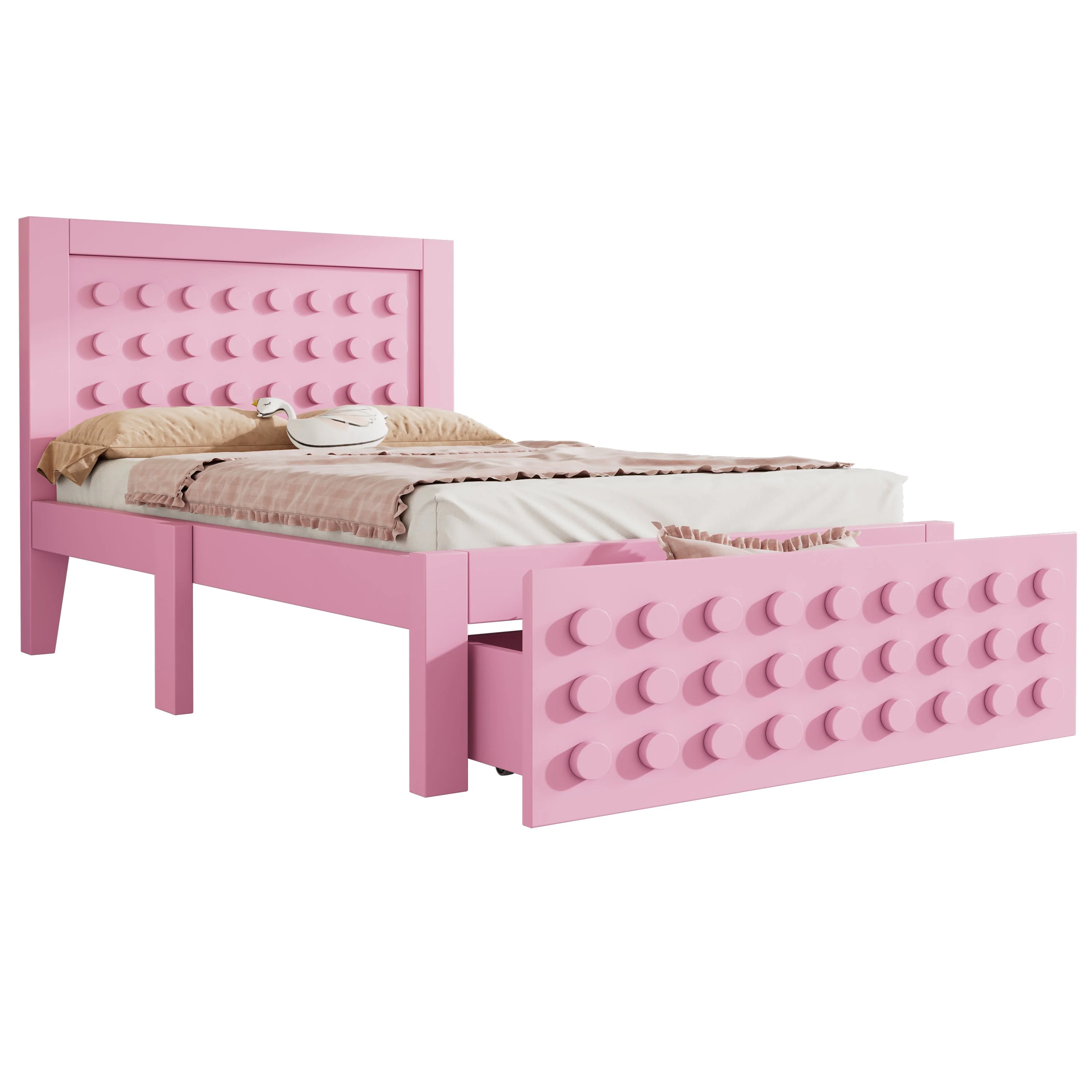 Wooden Single Bed, 90x200 cm with Drawers, Pink - Image 9