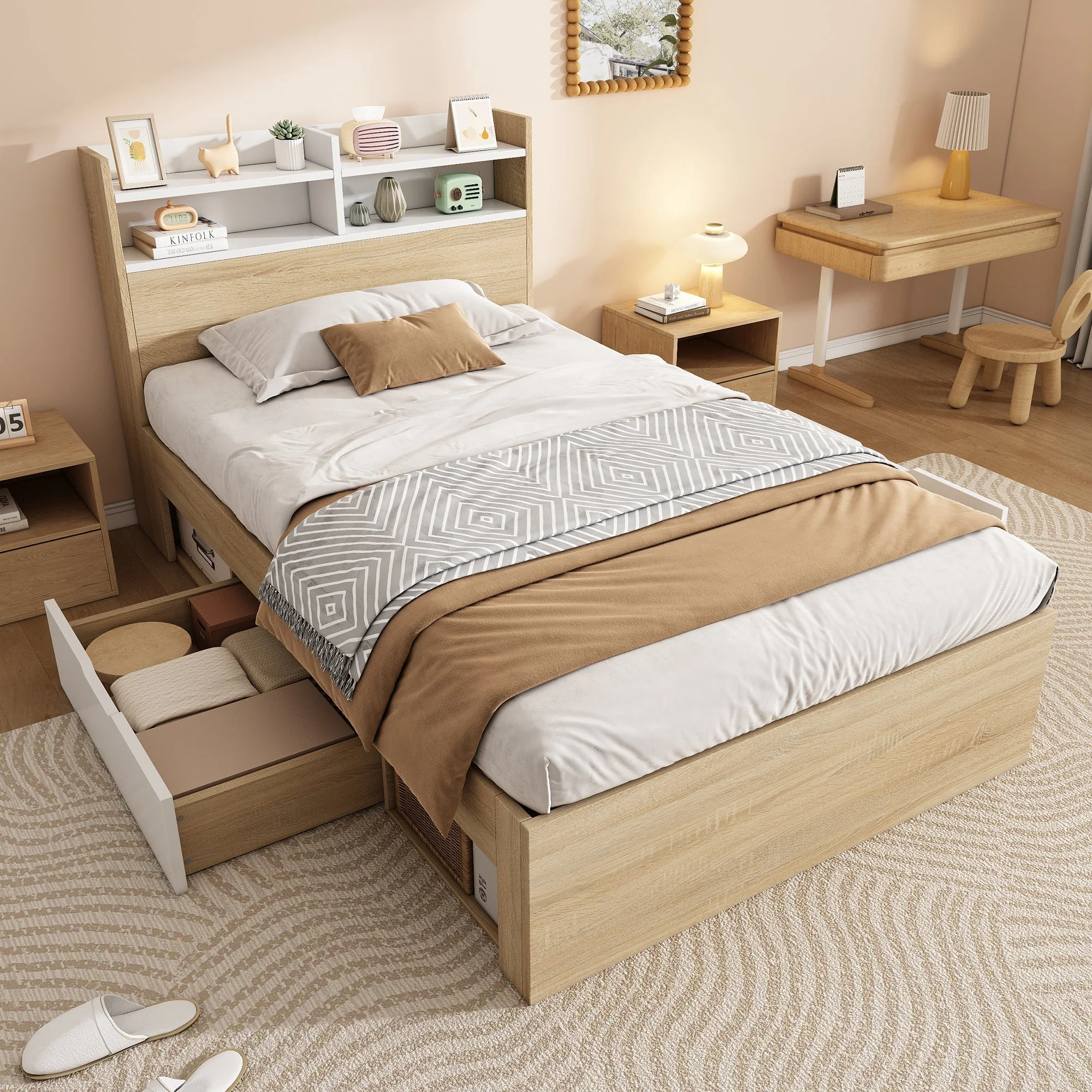Wooden Single Bed 90x200 Storage with Headboard Shelf 2 Drawers - White/Oak
