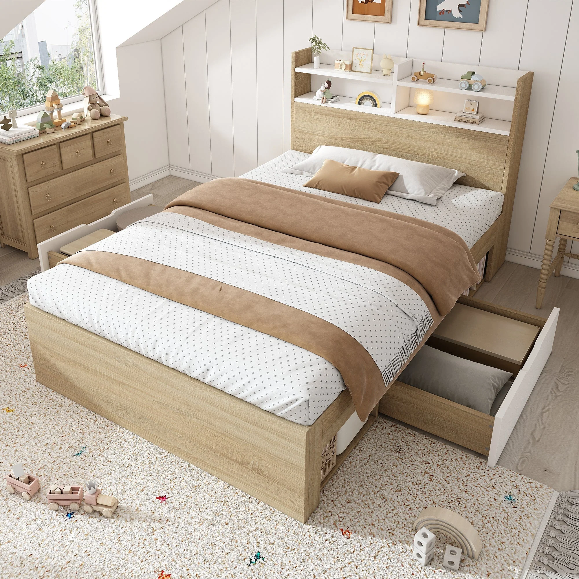 Wooden Single Bed 90x200 Storage with Headboard Shelf 2 Drawers - White/Oak - Image 10