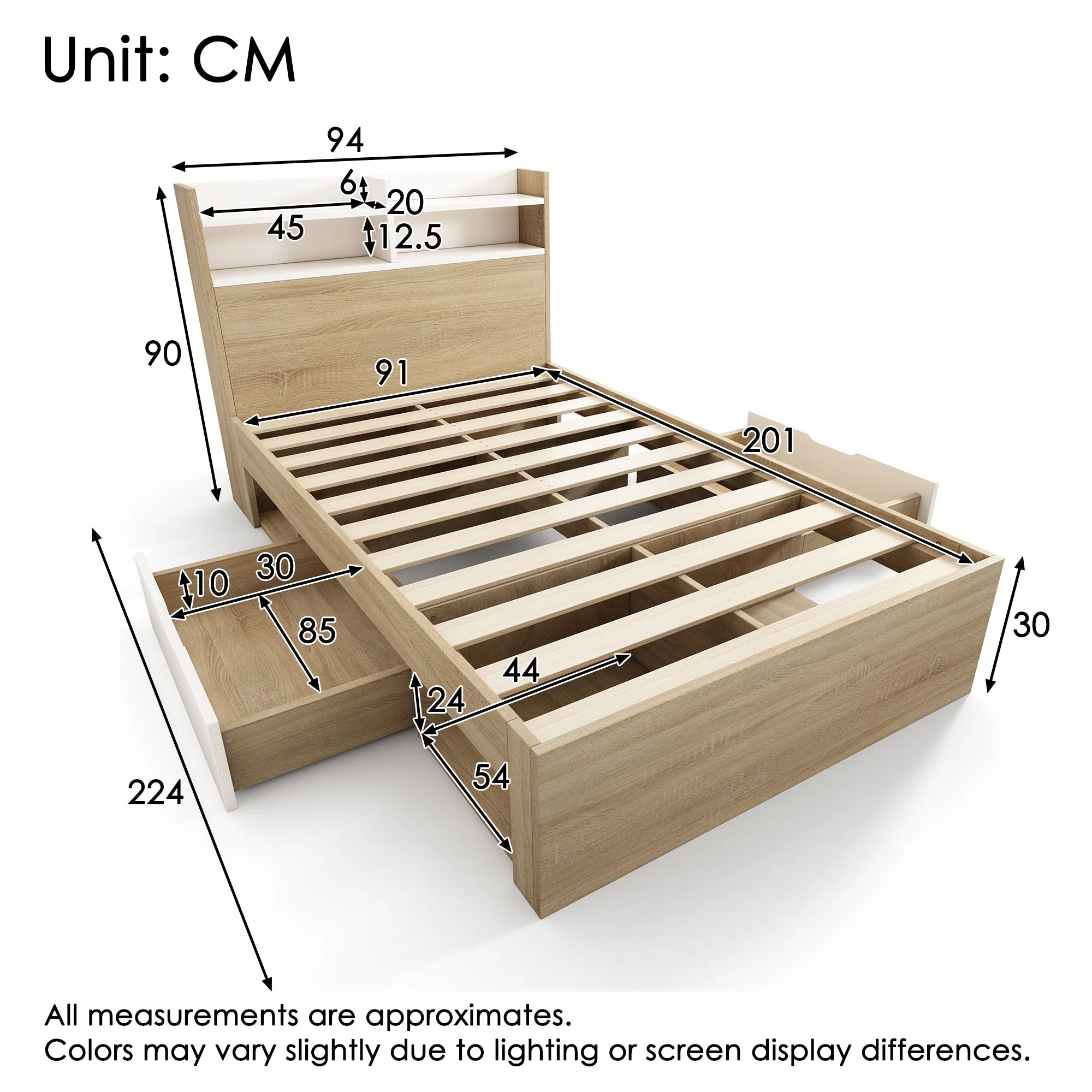 Wooden Single Bed 90x200 Storage with Headboard Shelf 2 Drawers - White/Oak - Image 2