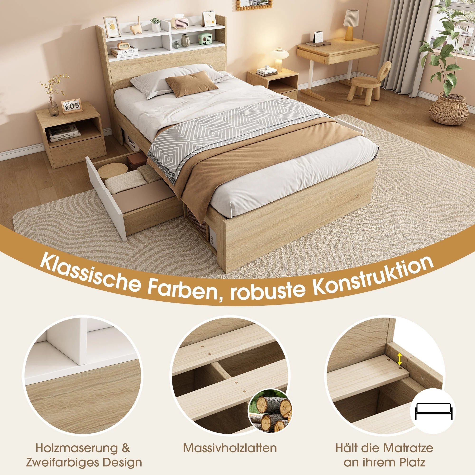 Wooden Single Bed 90x200 Storage with Headboard Shelf 2 Drawers - White/Oak - Image 3