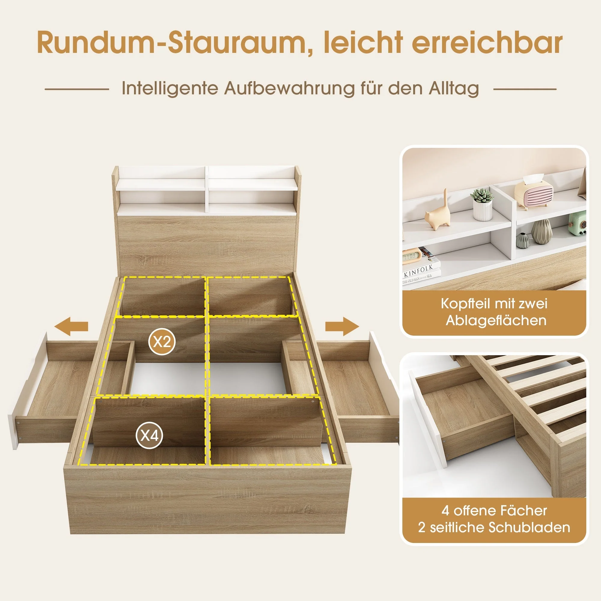 Wooden Single Bed 90x200 Storage with Headboard Shelf 2 Drawers - White/Oak - Image 4