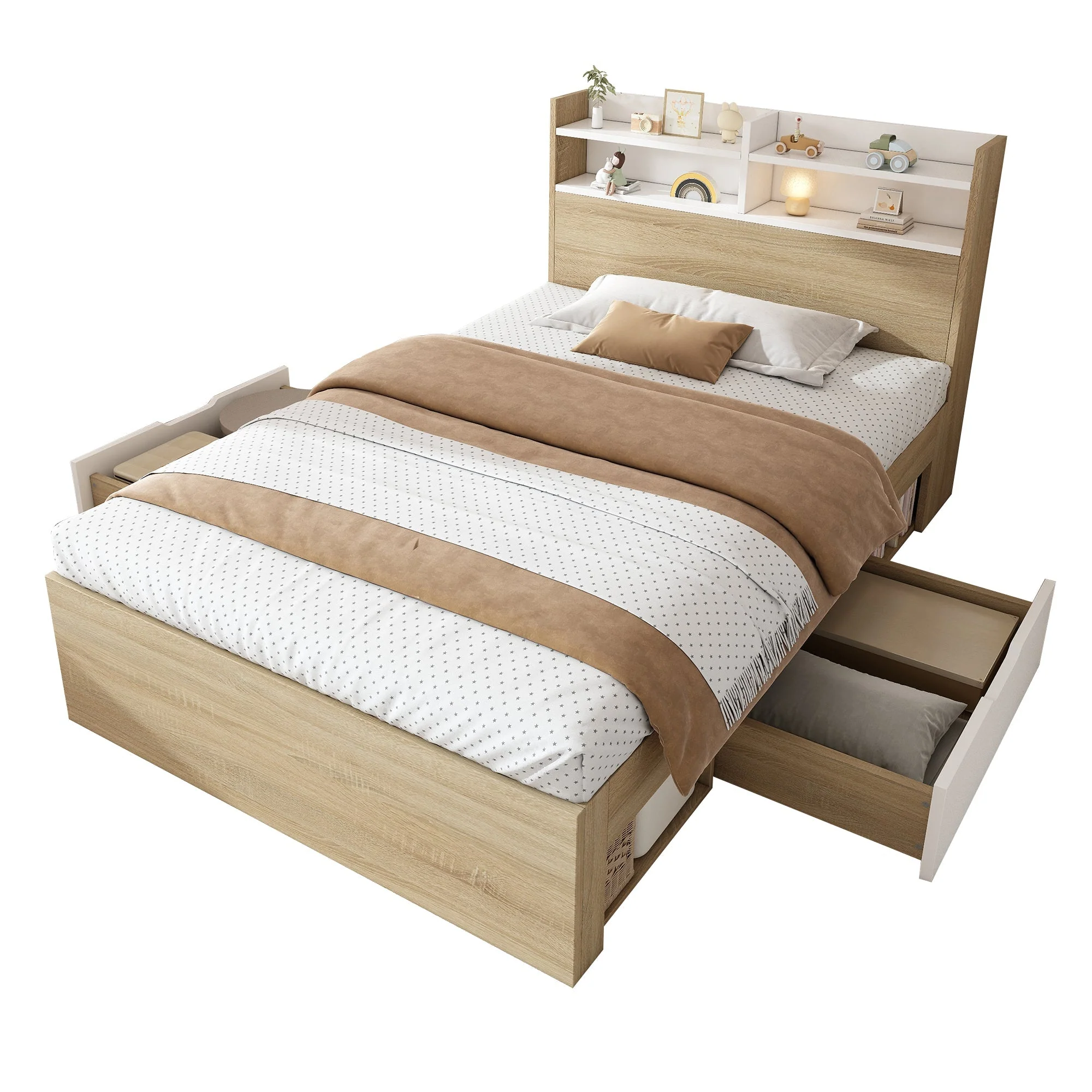 Wooden Single Bed 90x200 Storage with Headboard Shelf 2 Drawers - White/Oak - Image 5
