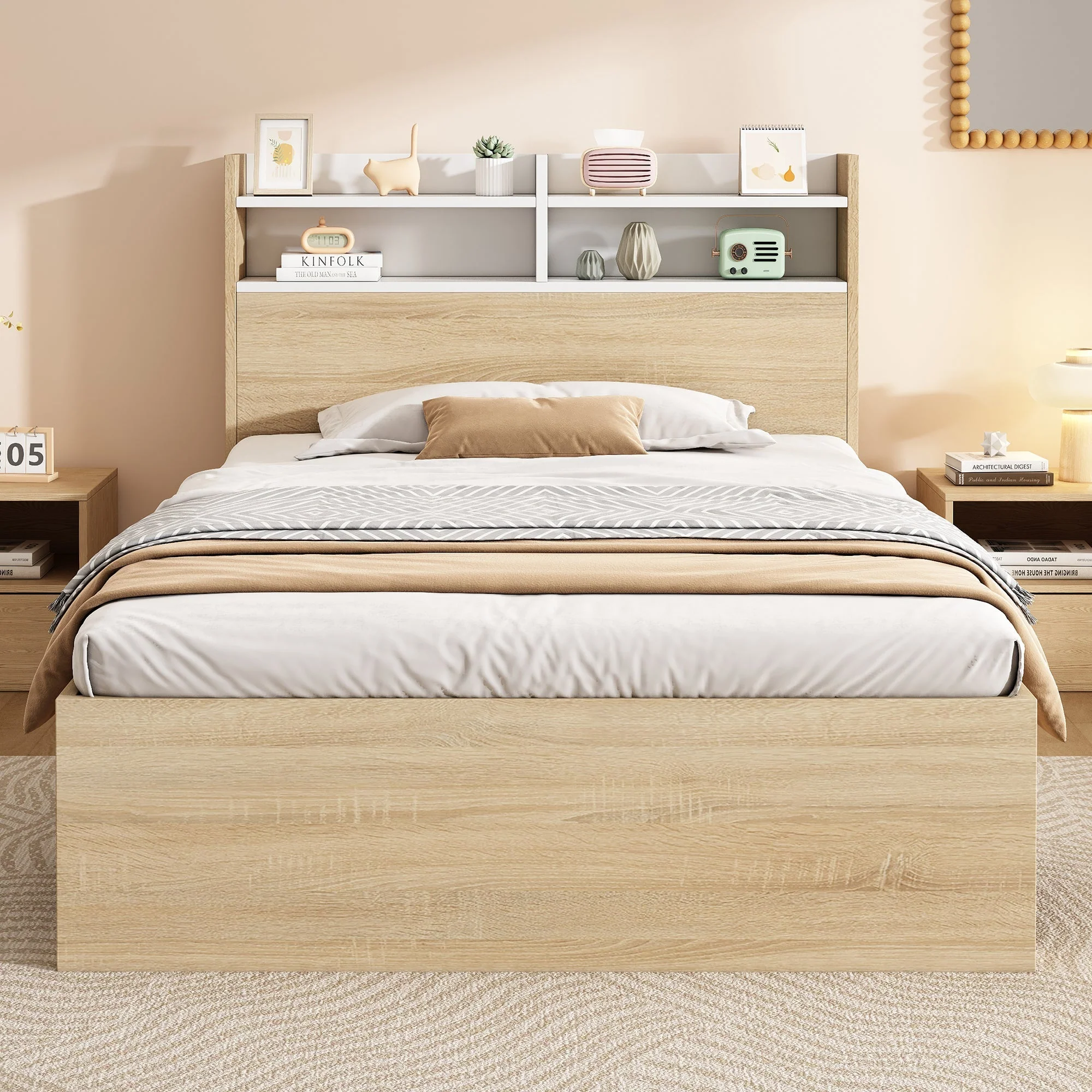 Wooden Single Bed 90x200 Storage with Headboard Shelf 2 Drawers - White/Oak - Image 6