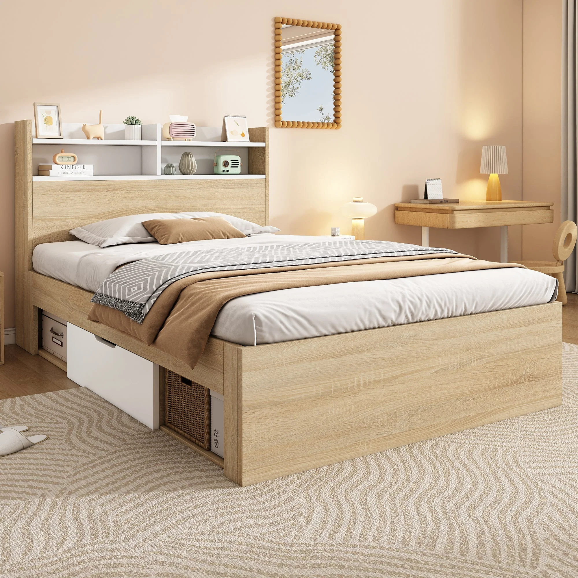 Wooden Single Bed 90x200 Storage with Headboard Shelf 2 Drawers - White/Oak - Image 7