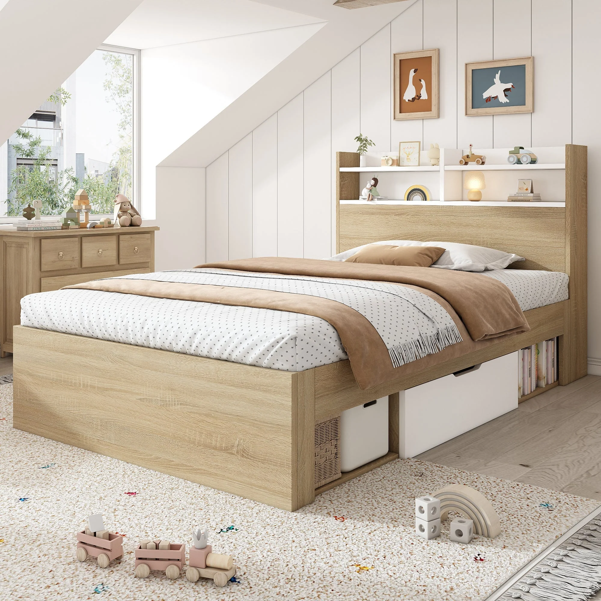 Wooden Single Bed 90x200 Storage with Headboard Shelf 2 Drawers - White/Oak - Image 8