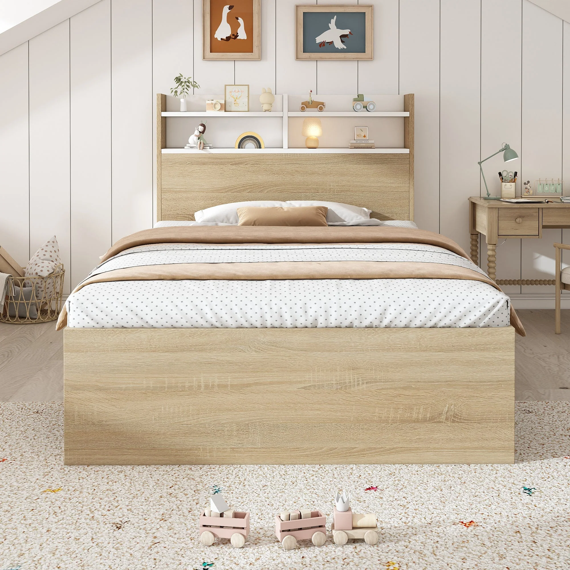 Wooden Single Bed 90x200 Storage with Headboard Shelf 2 Drawers - White/Oak - Image 9