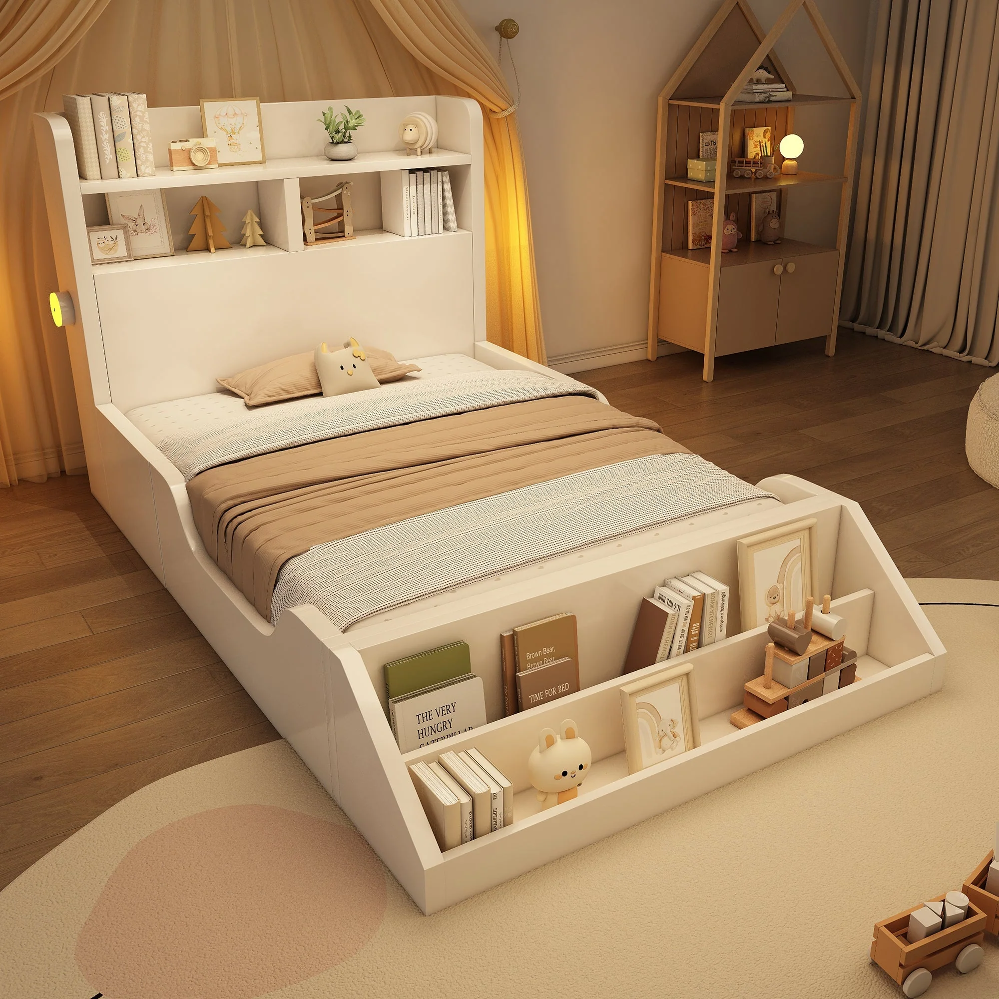 Wooden Single Bed with Shelves, Nightlights and Removable Bookshelf, White - Image 3