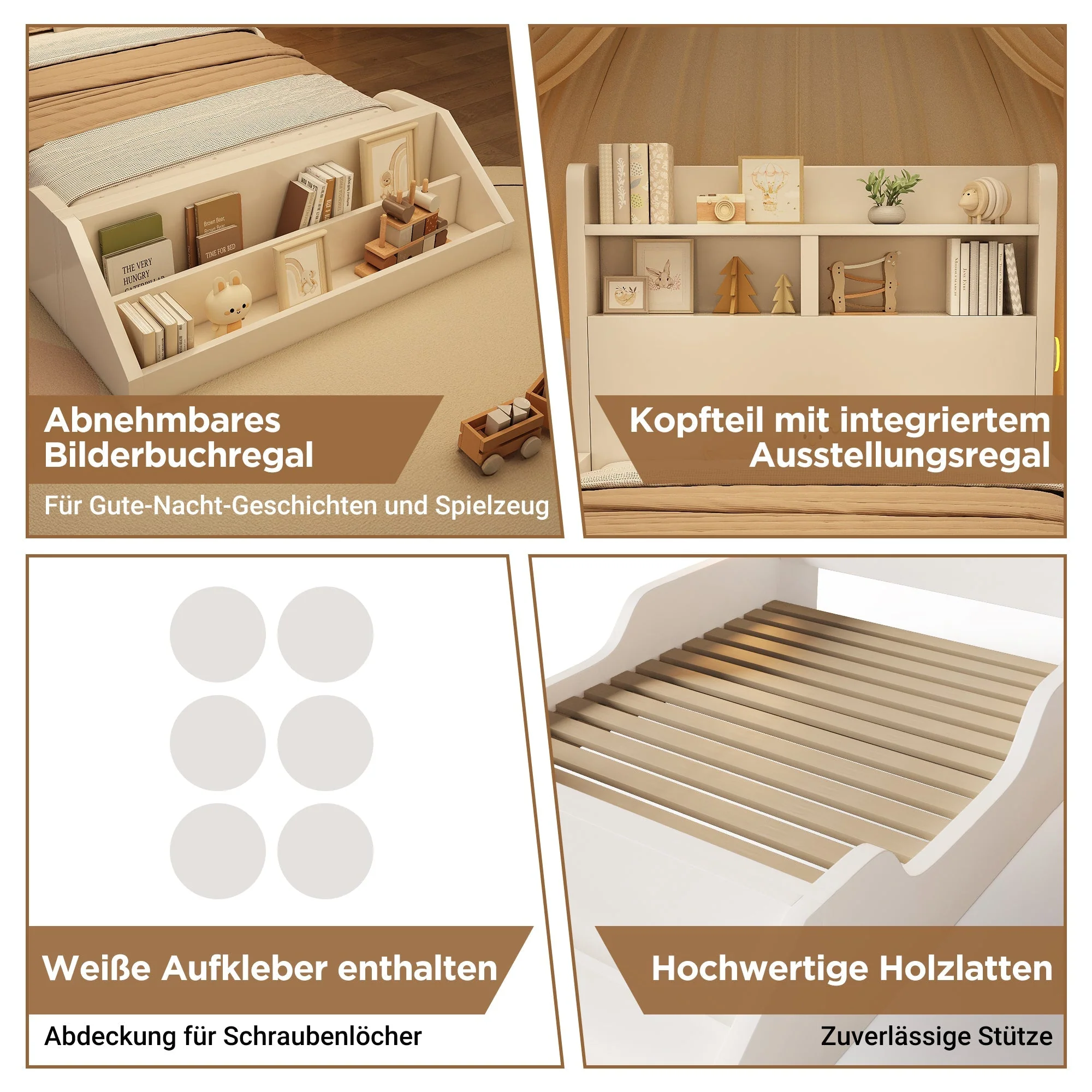 Wooden Single Bed with Shelves, Nightlights and Removable Bookshelf, White - Image 5