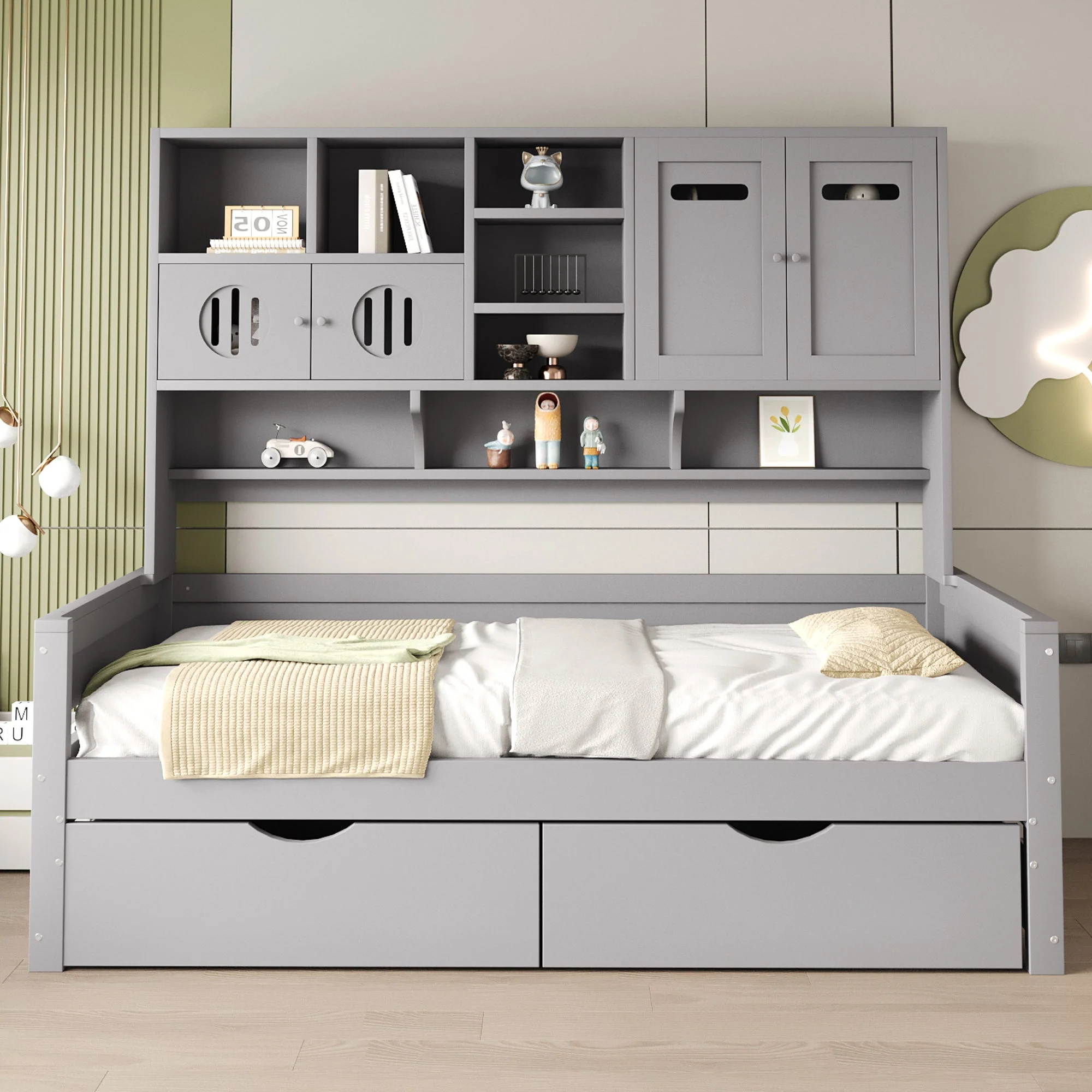 Wooden Sofa Bed, 90x200cm, Multifunctional Storage, Large Drawer, Grey - Image 2