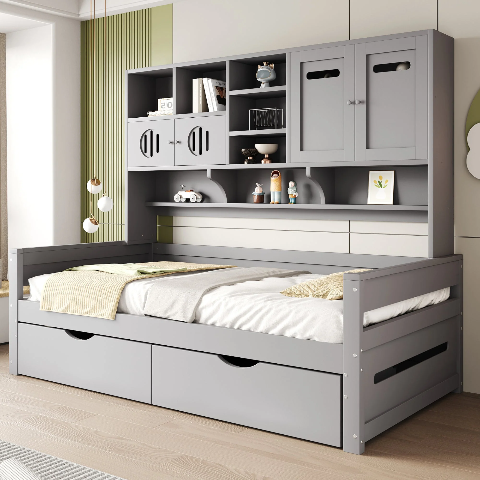 Wooden Sofa Bed, 90x200cm, Multifunctional Storage, Large Drawer, Grey - Image 3