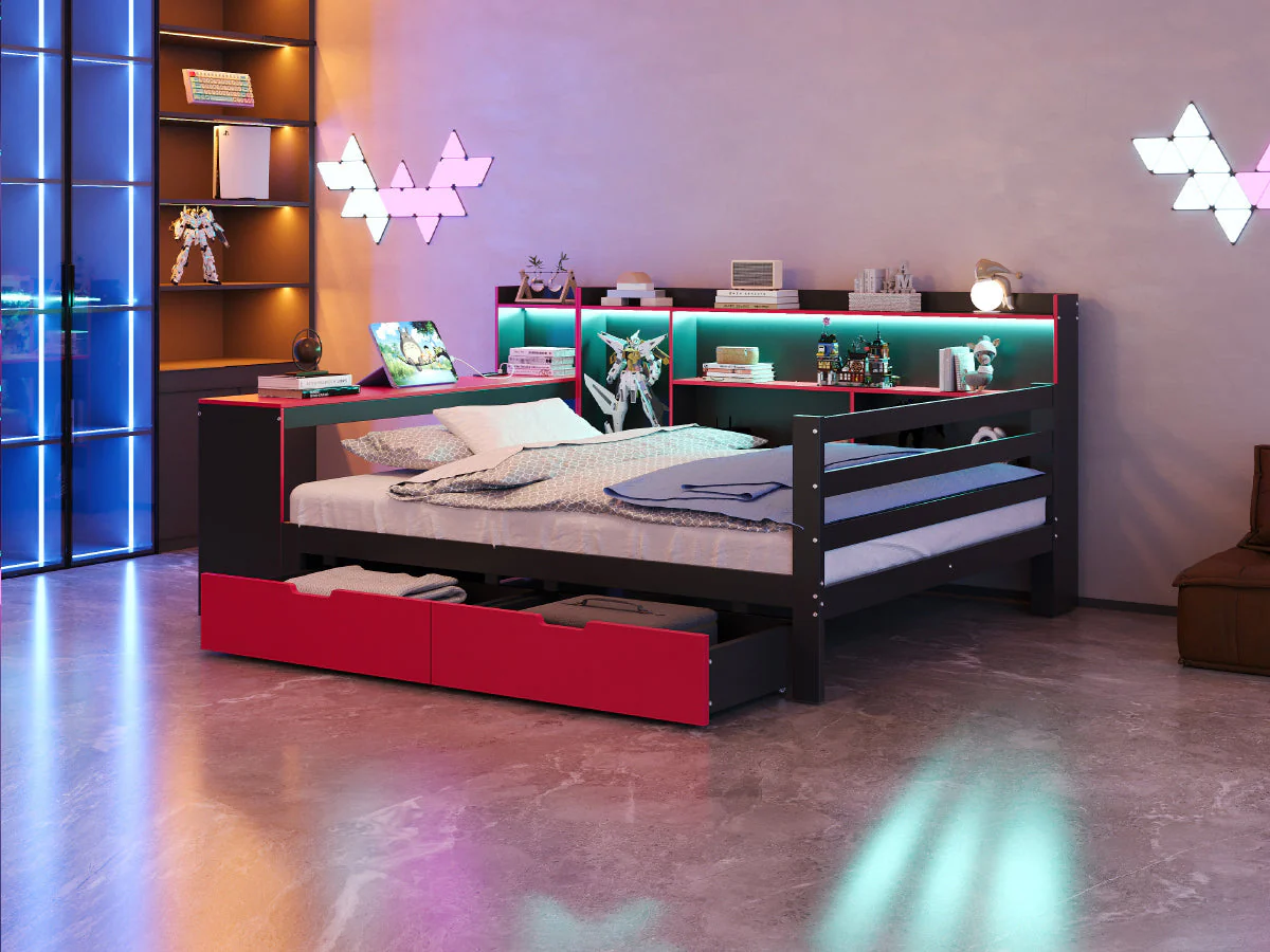 Wooden Sofa Bed with Desk, Bookshelf, Storage and LED, 140x200cm, Black and Red Wood - Image 7