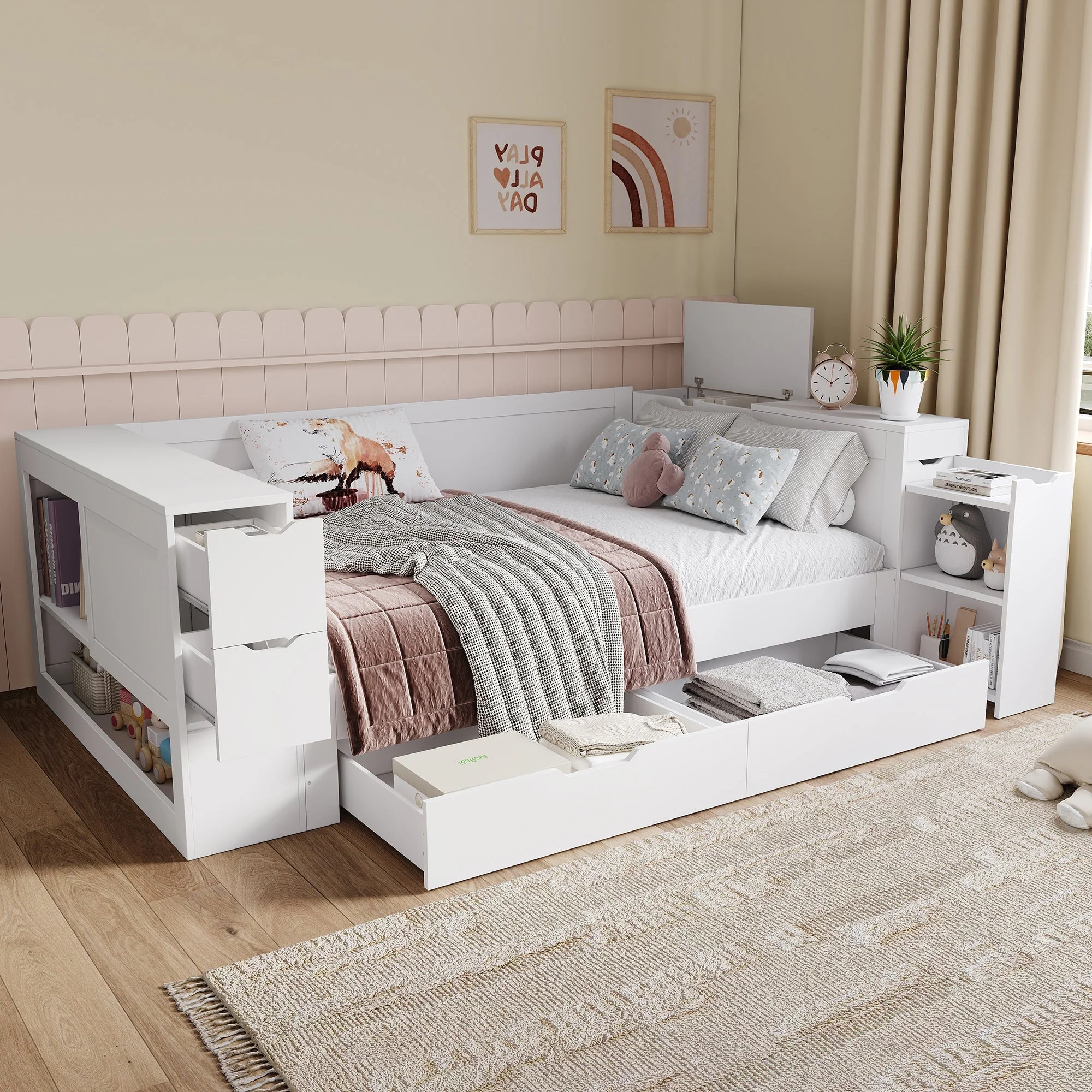 Wooden Storage Bed with Drawers and Shelves, 140x190cm, White Wood - Image 4