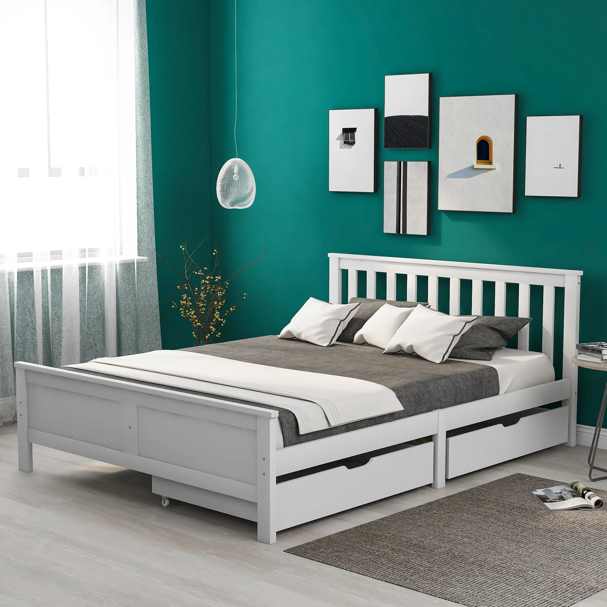 Wooden Storage Bed with Drawers, Solid Pine Frame, 4ft6 Double, White