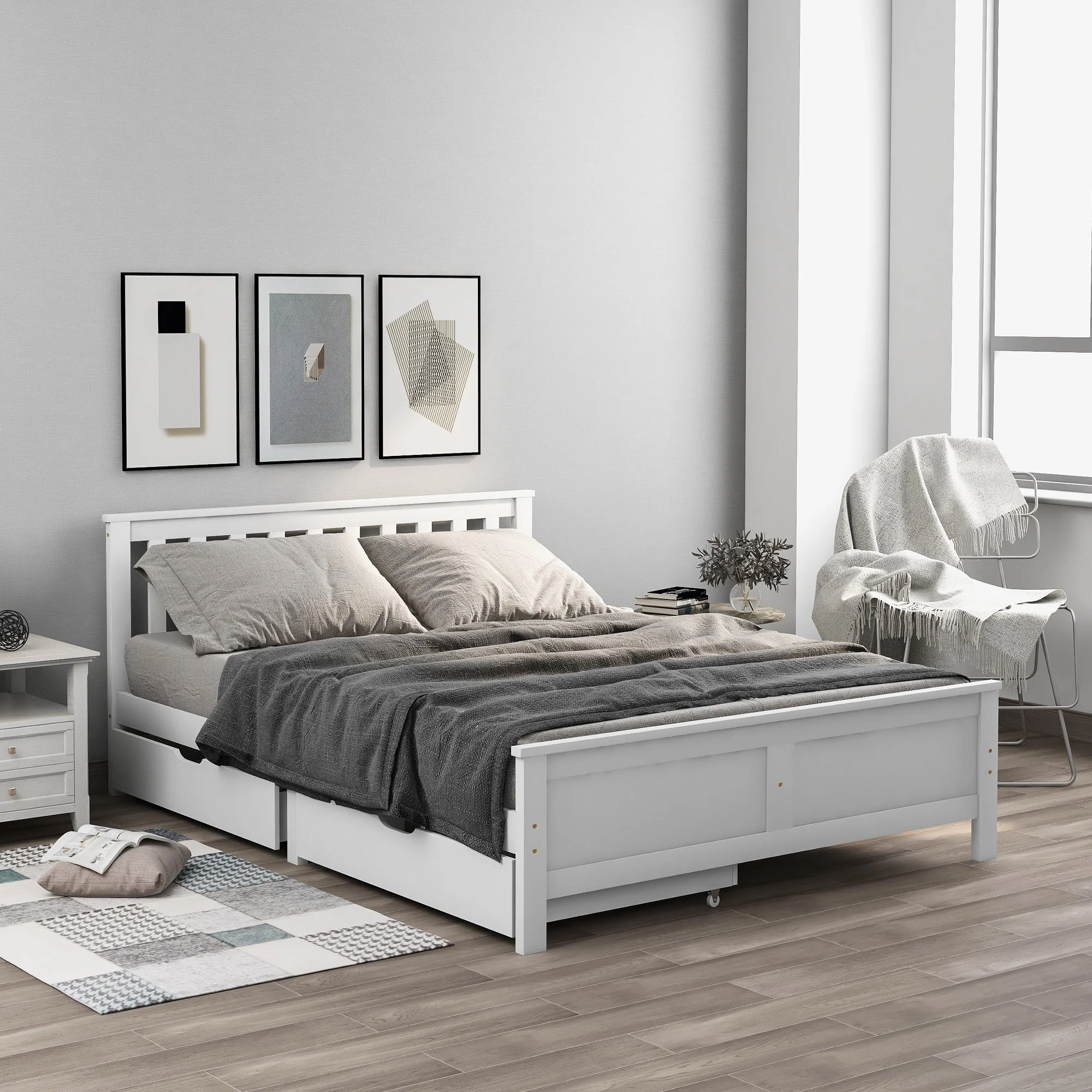 Wooden Storage Bed with Drawers, Solid Pine Frame, 4ft6 Double, White - Image 2