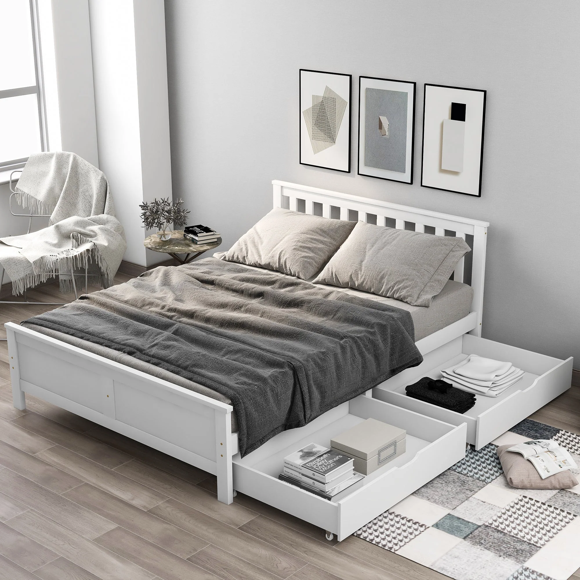 Wooden Storage Bed with Drawers, Solid Pine Frame, 4ft6 Double, White - Image 4
