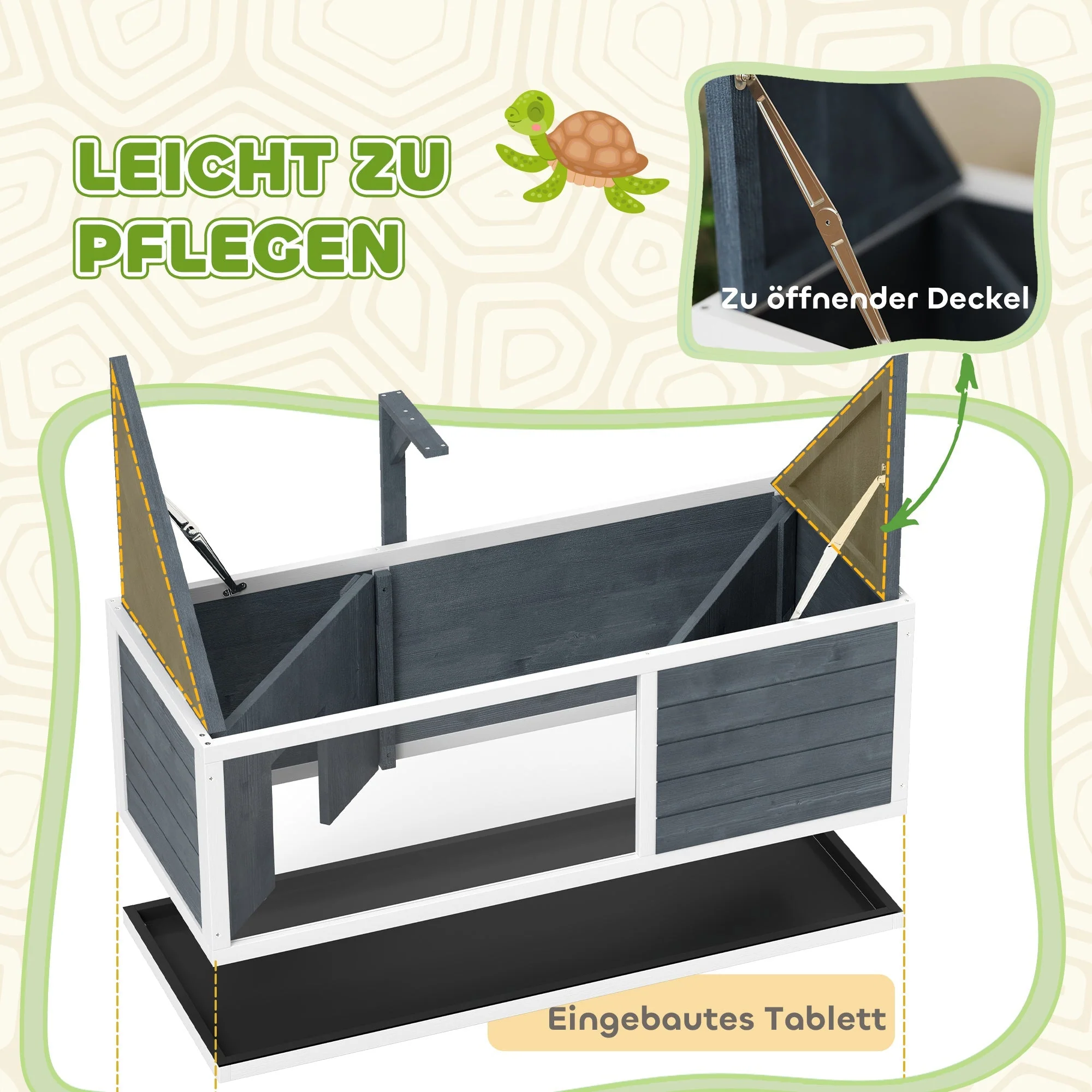 Wooden Turtle House, 2 Main Houses Hinged Top Light Stand Transparent Front Panel, Grey - Image 6