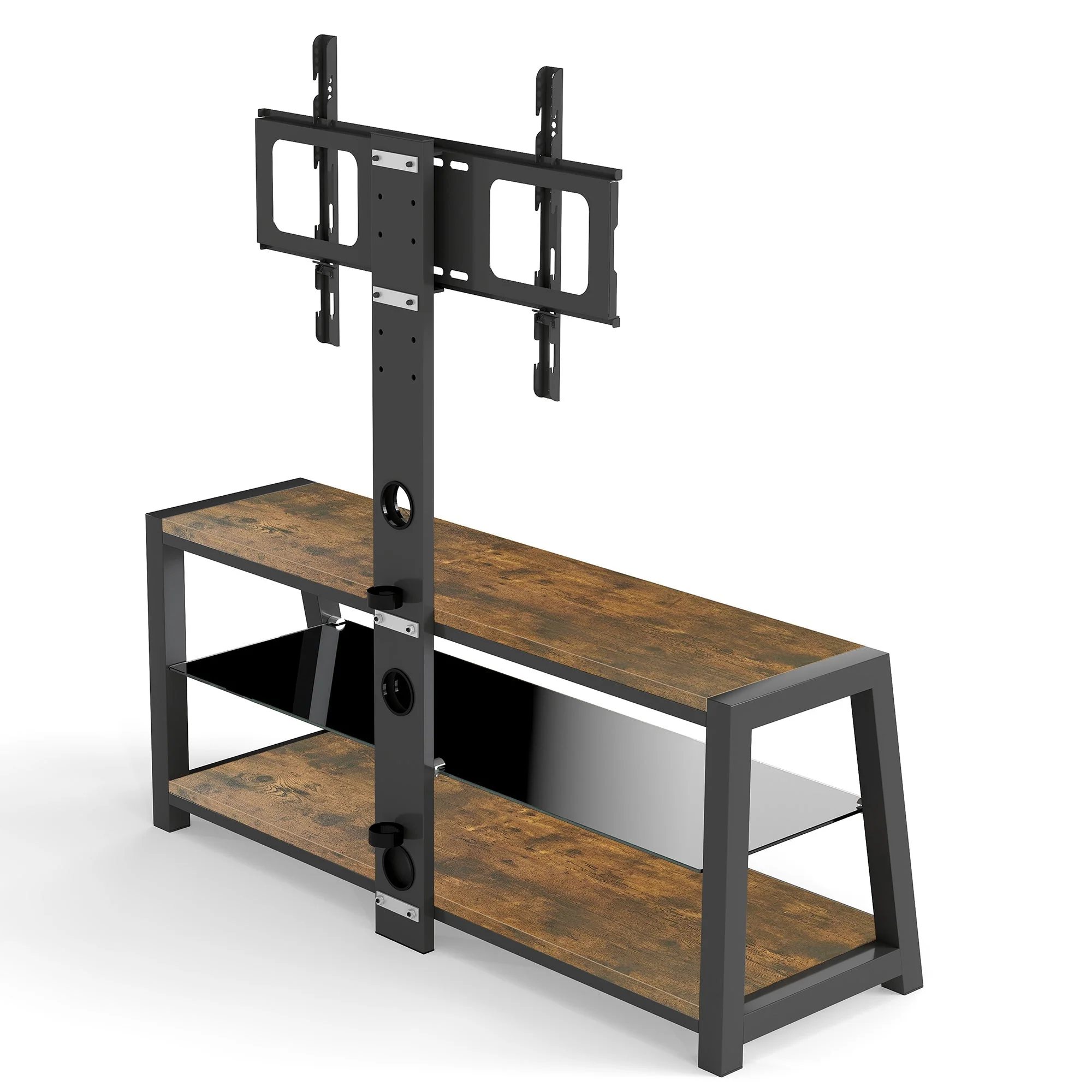 Wooden TV Cabinet Height-Adjustable Swivel Stand Wall Mount Black Tempered Glass Brown - Image 5