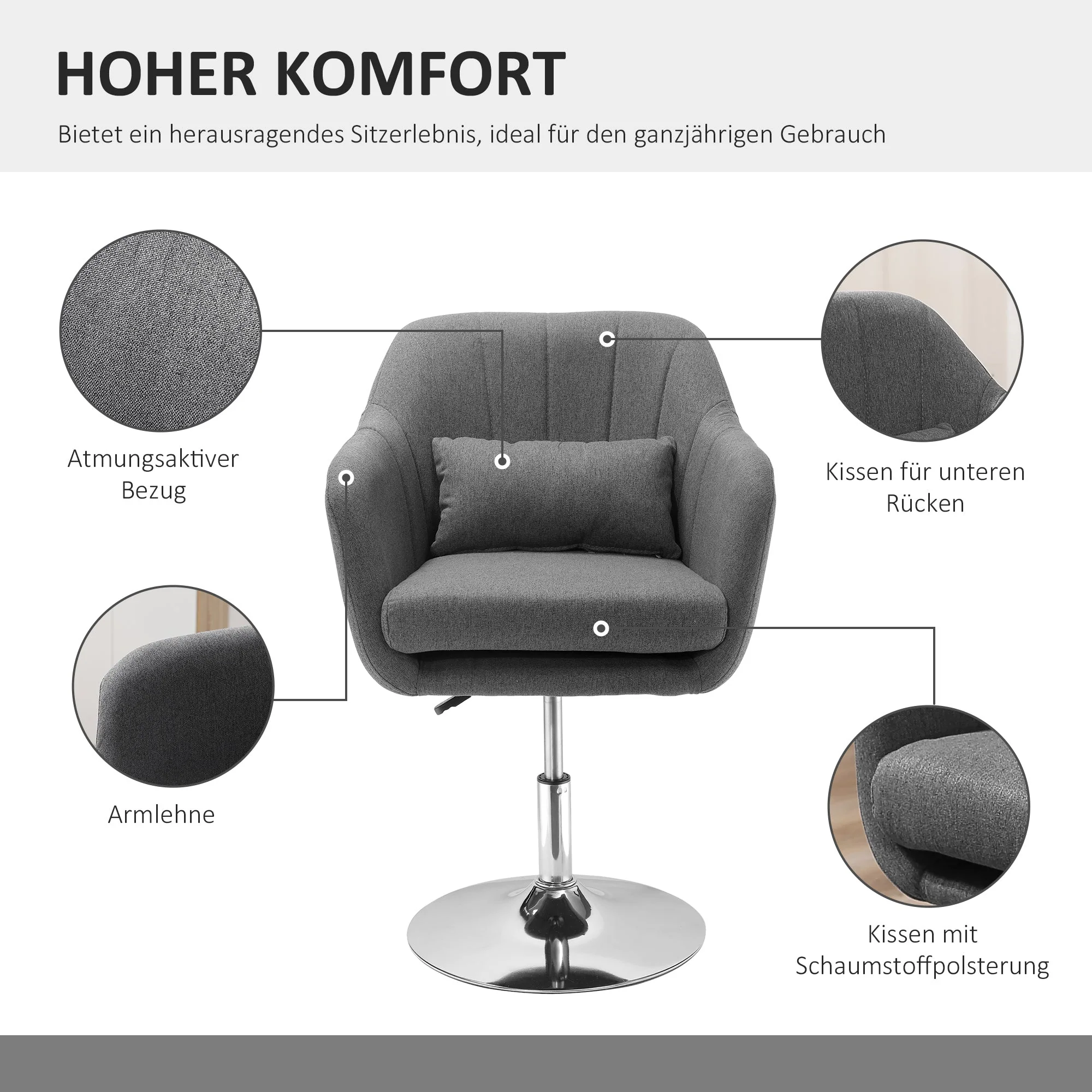 Work Stool Swivel Office Chair Height Adjustable, Linen-like Polyester Dark Grey - Image 4