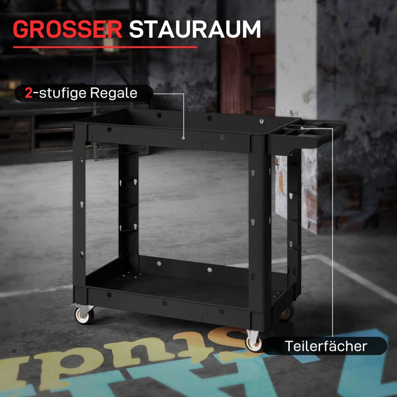 Workshop trolley, 2 levels, side handle, hook holes, 227 kg load capacity, black - Image 4