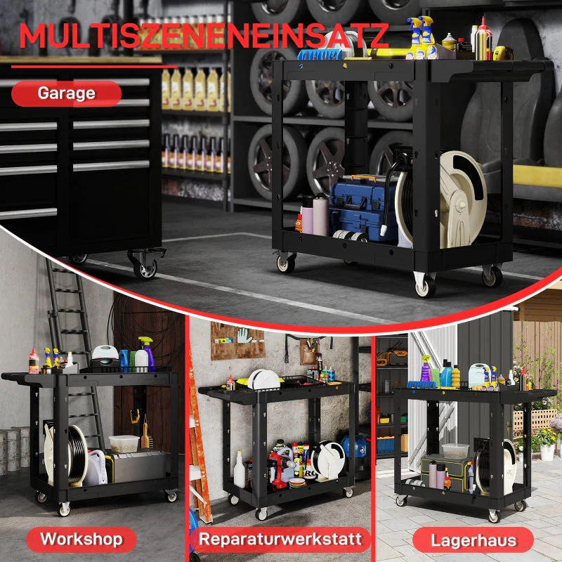 Workshop trolley, 2 levels, side handle, hook holes, 227 kg load capacity, black - Image 6