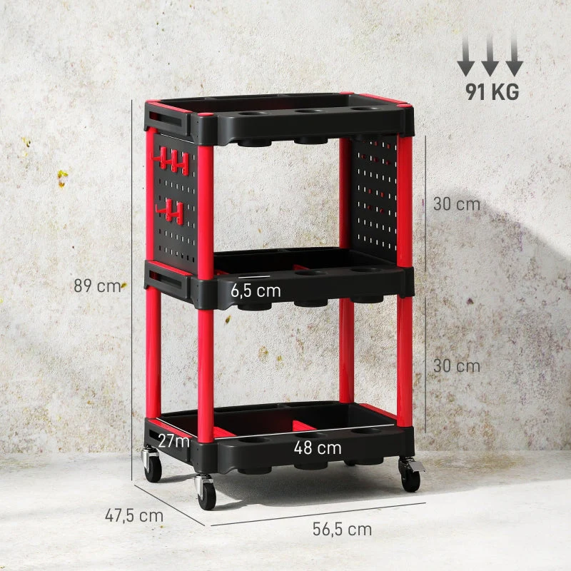 Workshop trolley 3 levels, side perforated shelves, 10 hooks, 91 kg load capacity, black - Image 2