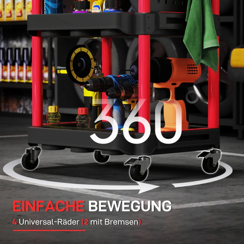 Workshop trolley 3 levels, side perforated shelves, 10 hooks, 91 kg load capacity, black - Image 4