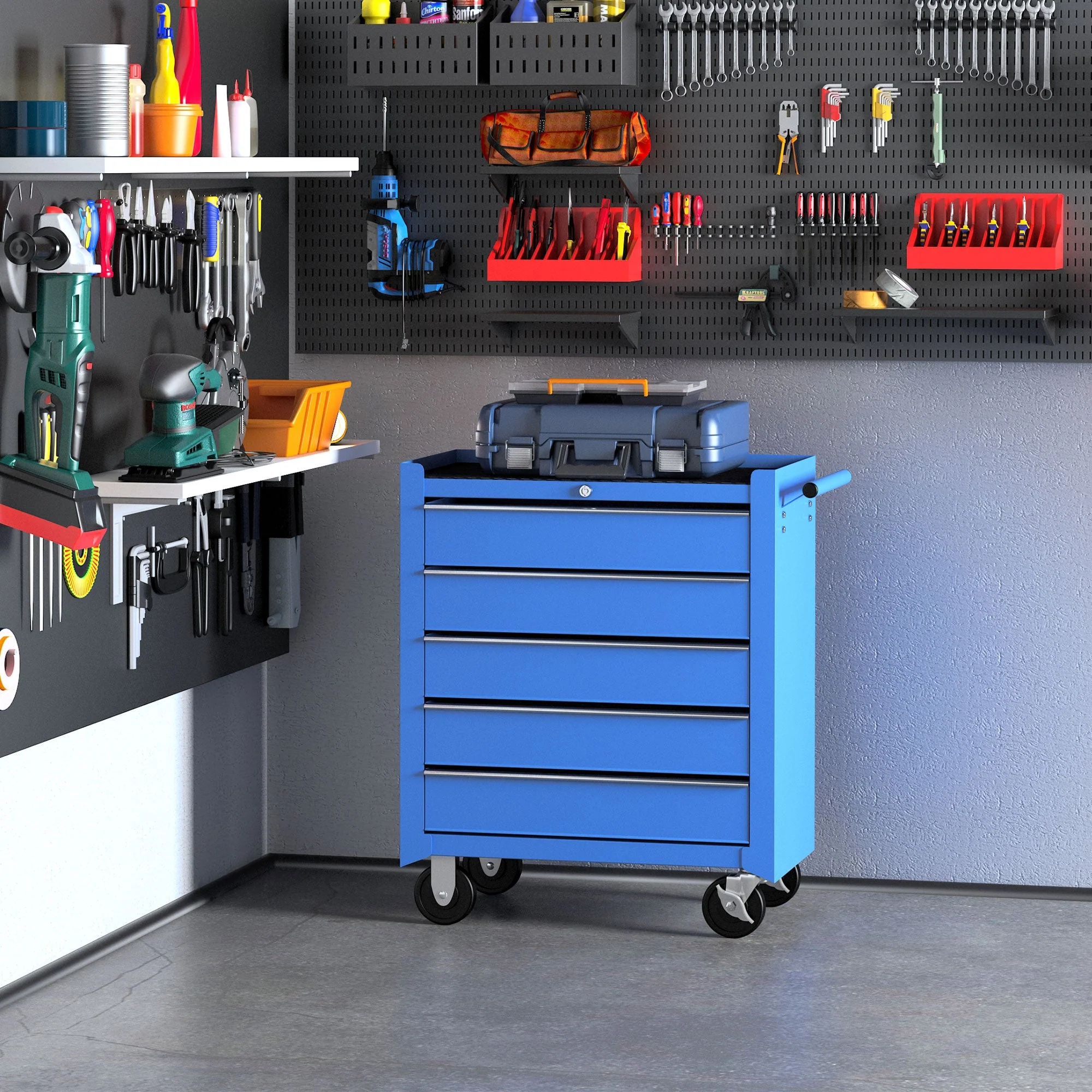 Workshop trolley 5 drawers, mobile tool trolley, red - Image 2
