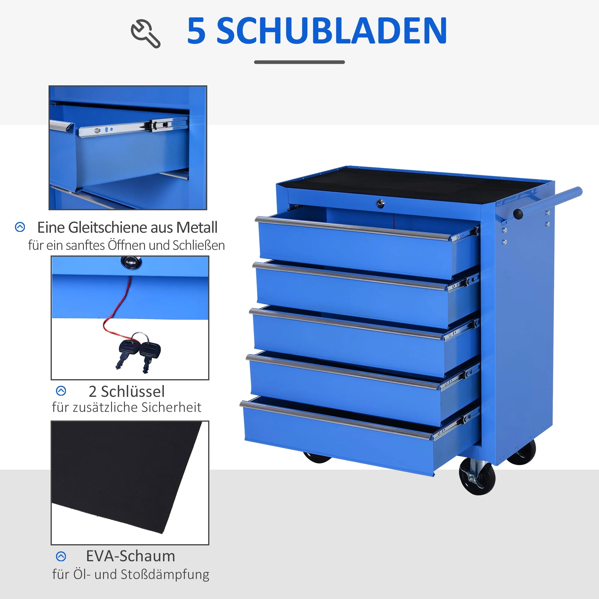 Workshop trolley 5 drawers, mobile tool trolley, red - Image 4