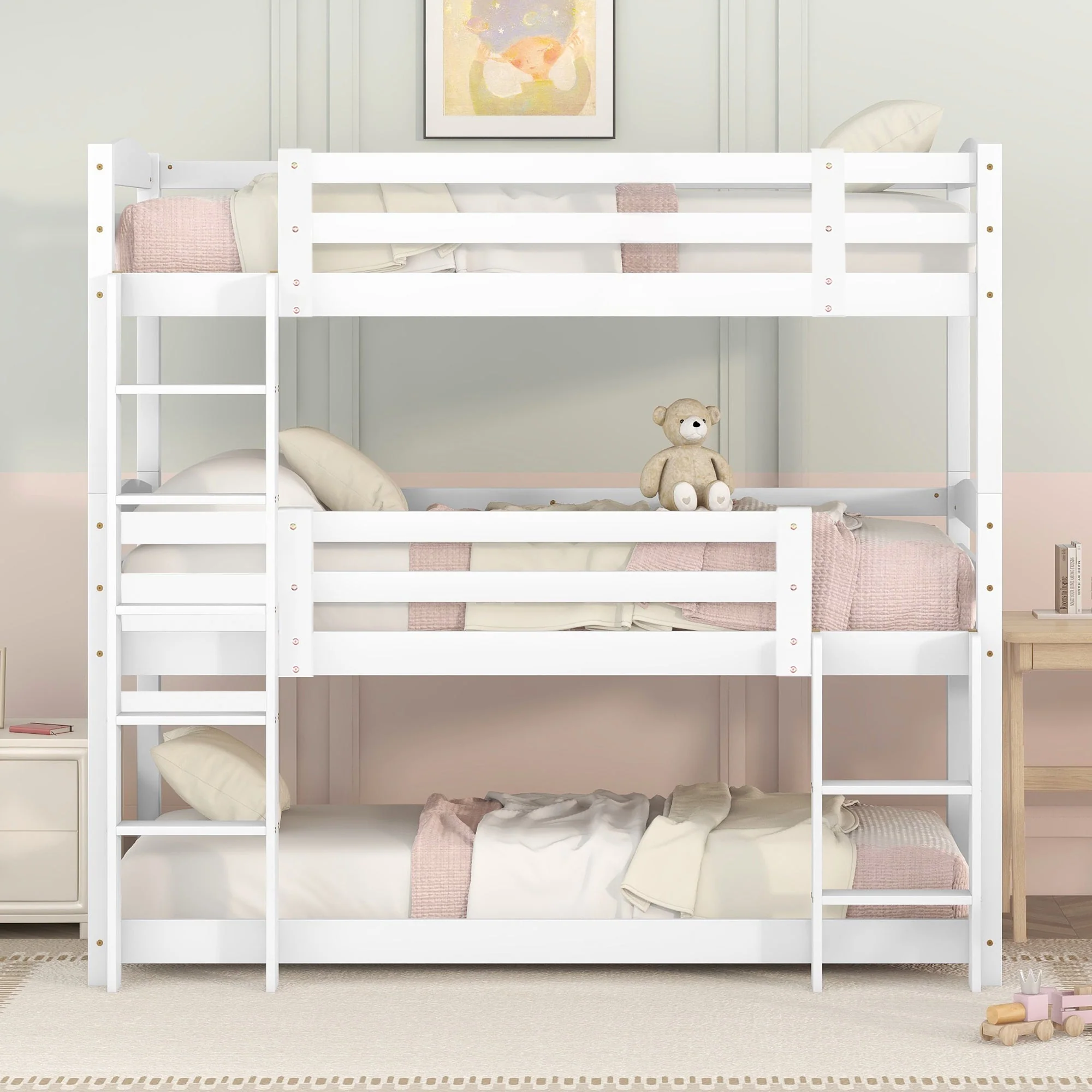(WX000112AAK-3) Triple Bunk Bed 90x200cm Single-Size Wooden, White - Image 2