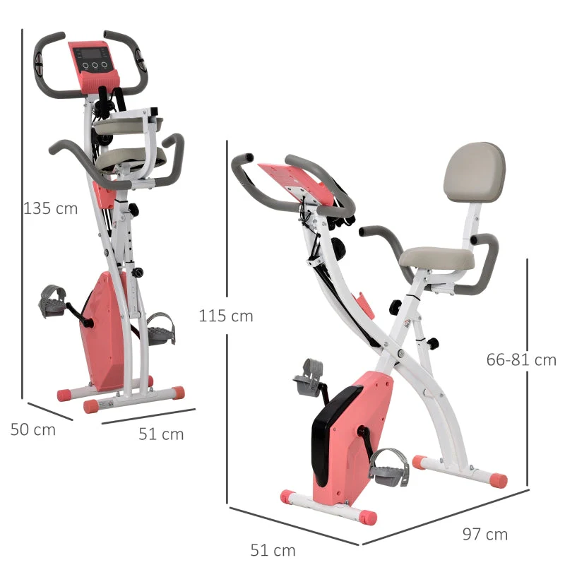 X-Bike 2-in-1 Exercise Bike Foldable 8-Level Magnetic Resistance LCD Monitor Tension Cables Pink - Image 3