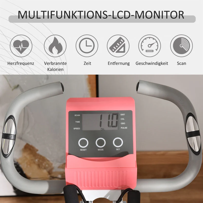X-Bike 2-in-1 Exercise Bike Foldable 8-Level Magnetic Resistance LCD Monitor Tension Cables Pink - Image 4