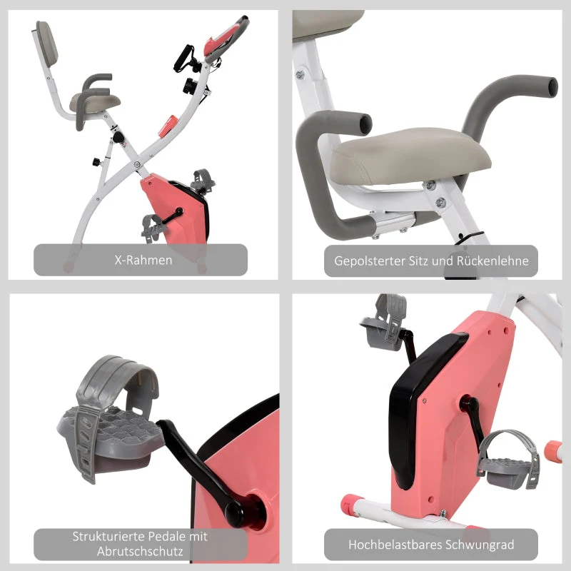 X-Bike 2-in-1 Exercise Bike Foldable 8-Level Magnetic Resistance LCD Monitor Tension Cables Pink - Image 5
