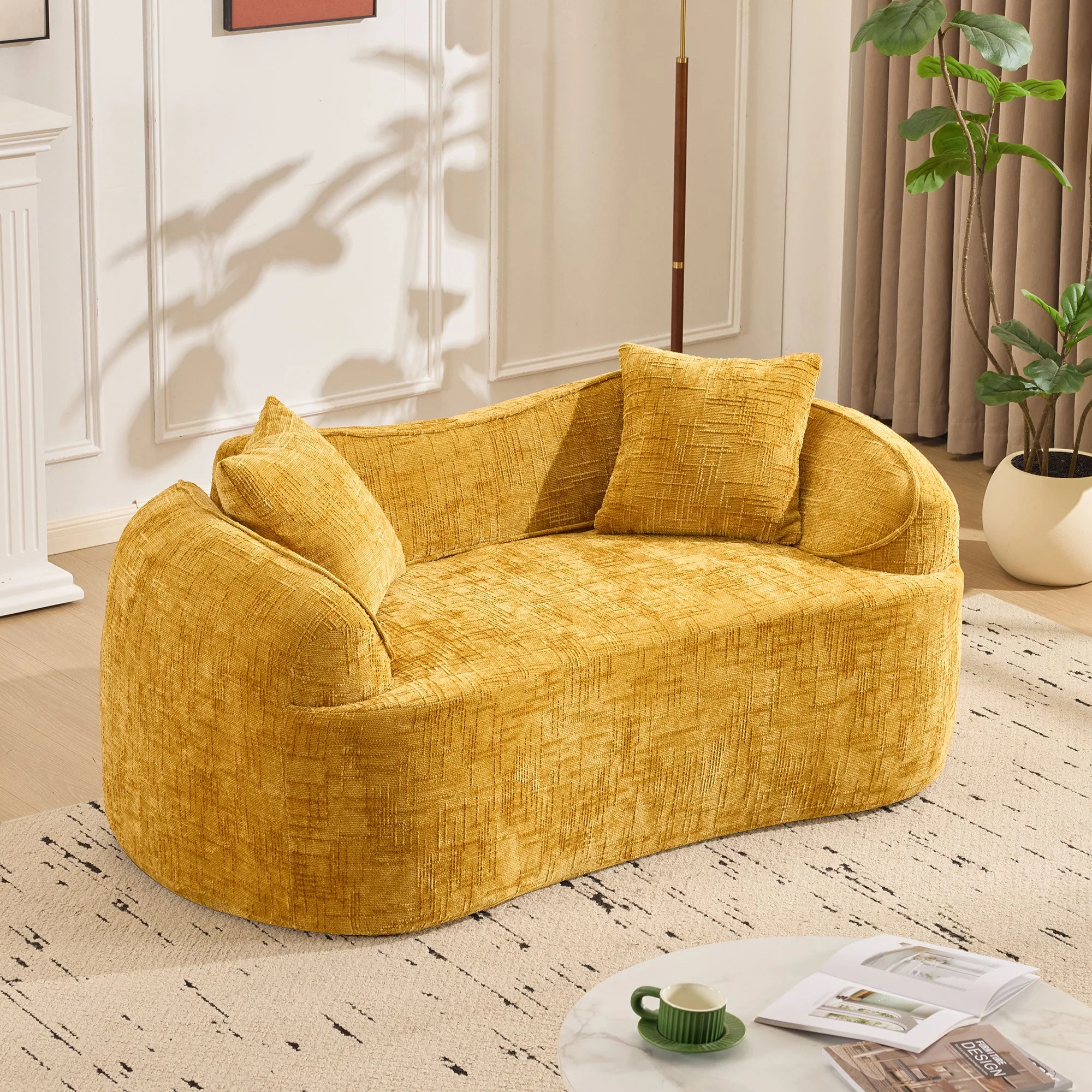 Yellow curved two-seater sofa with armrests and 2 cushions, cream-colored - Image 7